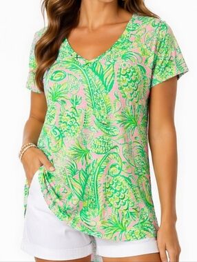 Lilly Pulitzer Etta V-Neck Mandevilla Baby Fins And Flippers Pink & Green Top